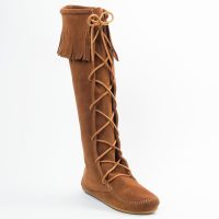 Braune Minnetonka Damen Stiefel Front Lace Knee High Boot Braune Damen Schnürstiefel aus Wildleder