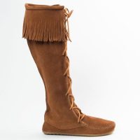 Braune Minnetonka Damen Stiefel Front Lace Knee High Boot Braune Damen Schnürstiefel aus Wildleder