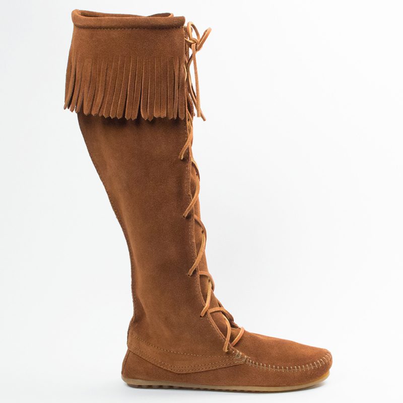 Braune Minnetonka Damen Stiefel Front Lace Knee High Boot Braune Damen Schnürstiefel aus Wildleder