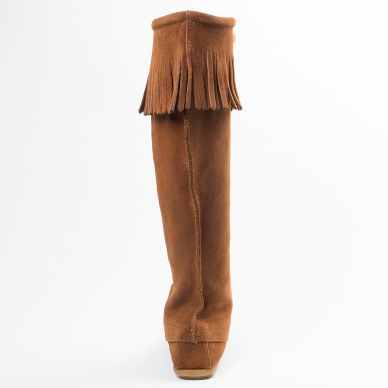 Braune Minnetonka Damen Stiefel Front Lace Knee High Boot Braune Damen Schnürstiefel aus Wildleder