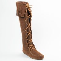 Dunkelbraune Minnetonka Damen Stiefel Front Lace Knee High Boot Dunkelbraune Damen Schnürstiefel aus Wildleder