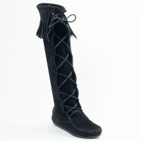 Schwarze Minnetonka Damen Stiefel Front Lace Knee High Boot Schwarze Damen Schnürstiefel aus Wildleder