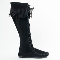 Schwarze Minnetonka Damen Stiefel Front Lace Knee High Boot Schwarze Damen Schnürstiefel aus Wildleder