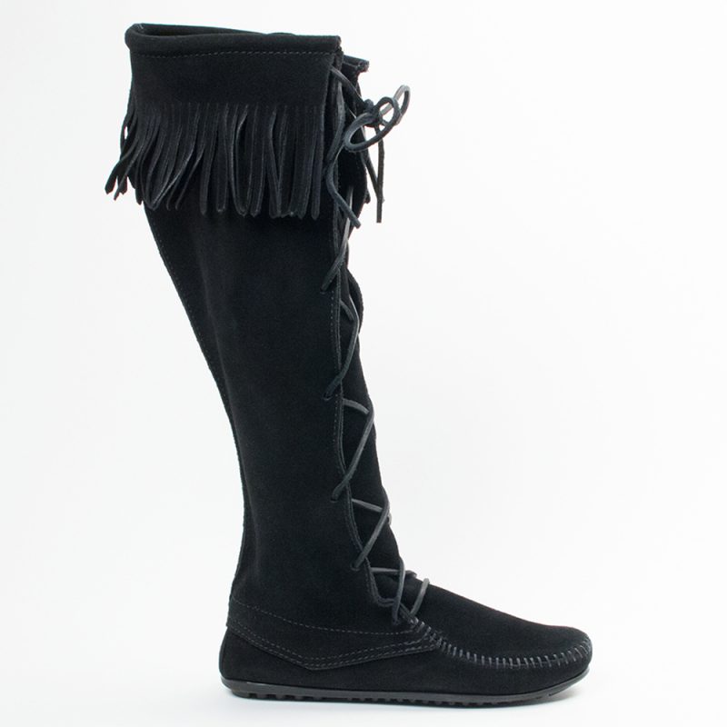 Schwarze Minnetonka Damen Stiefel Front Lace Knee High Boot Schwarze Damen Schnürstiefel aus Wildleder