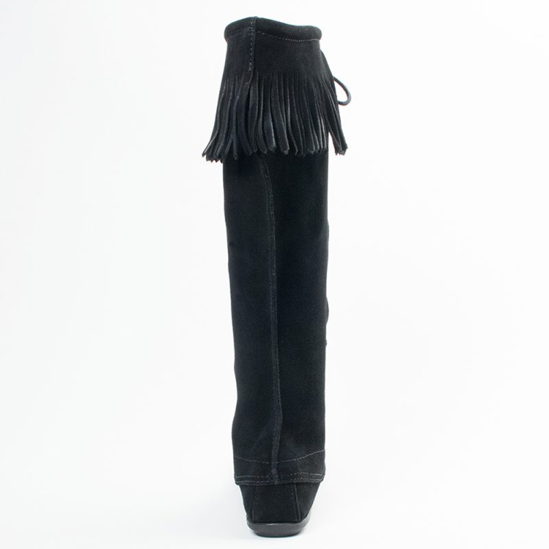 Schwarze Minnetonka Damen Stiefel Front Lace Knee High Boot Schwarze Damen Schnürstiefel aus Wildleder