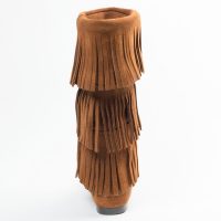 Braune Minnetonka Damen Stiefel 3-Layer Fringe Boot Braune Damen Schlupfstiefel mit Fransen aus Wildleder