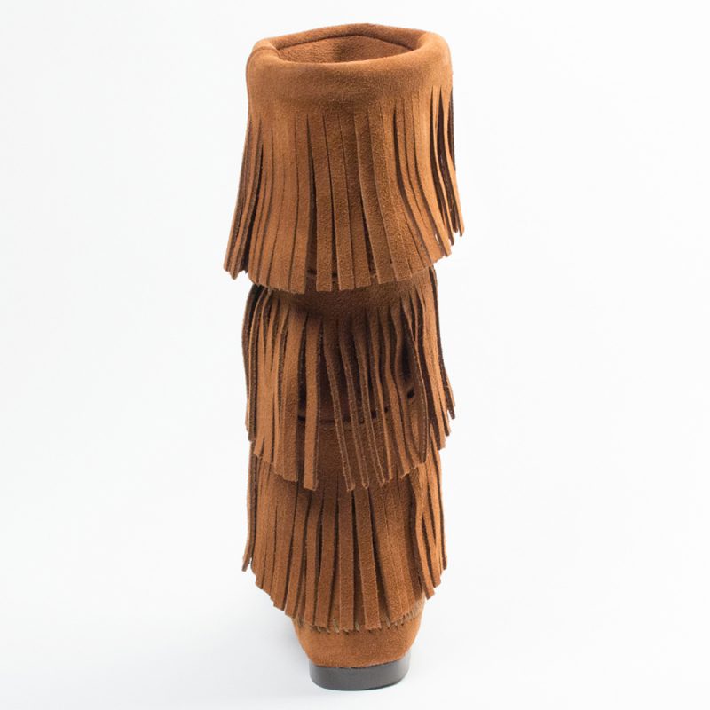 Braune Minnetonka Damen Stiefel 3-Layer Fringe Boot Braune Damen Schlupfstiefel mit Fransen aus Wildleder