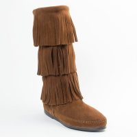 Dunkelbraune Minnetonka Damen Stiefel 3-Layer Fringe Boot Dunkelbraune Damen Schlupfstiefel mit Fransen aus Wildleder