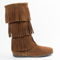 Dunkelbraune Minnetonka Damen Stiefel 3-Layer Fringe Boot Dunkelbraune Damen Schlupfstiefel mit Fransen aus Wildleder