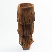 Dunkelbraune Minnetonka Damen Stiefel 3-Layer Fringe Boot Dunkelbraune Damen Schlupfstiefel mit Fransen aus Wildleder