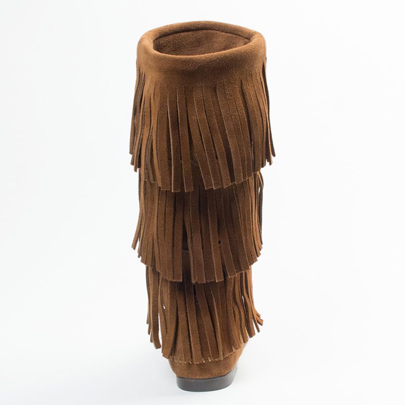 Dunkelbraune Damen Schlupfstiefel mit Fransen aus Wildleder