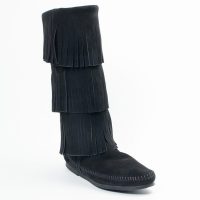 Schwarze Minnetonka Damen Stiefel 3-Layer Fringe Boot Schwarze Damen Schlupfstiefel mit Fransen aus Wildleder