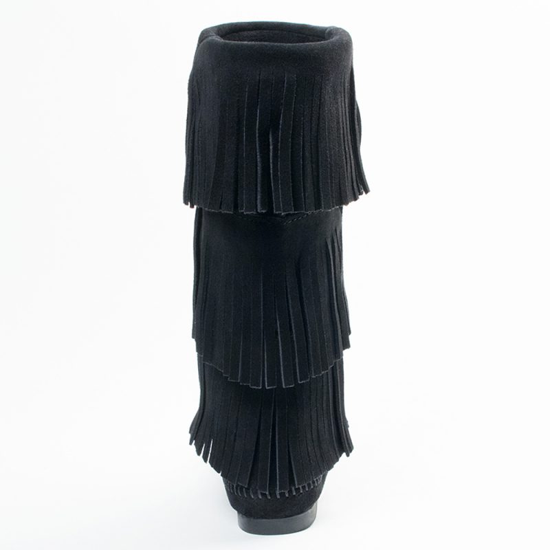 Schwarze Minnetonka Damen Stiefel 3-Layer Fringe Boot Schwarze Damen Schlupfstiefel mit Fransen aus Wildleder