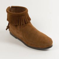 Dunkelbraune Minnetonka Fransen Booties aus Wildleder Brauner Damen Fransen Bootie von Minnetonka