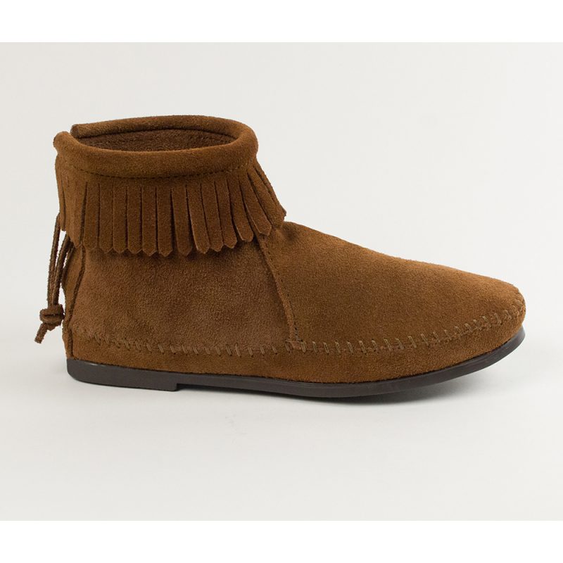Dunkelbraune Minnetonka Fransen Booties aus Wildleder Brauner Damen Fransen Bootie von Minnetonka