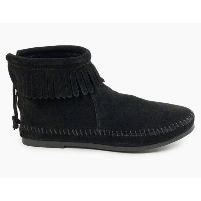 Knöchelhohe Minnetonka Fransen Booties von Minnetonka Schwarze Damen Booties mit Reißverschluss