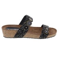 Lazamani Damen Sandalen 75.456 Schwarz Schwarze Damen Sandalen aus Leder mit Perlen und Strass verziert